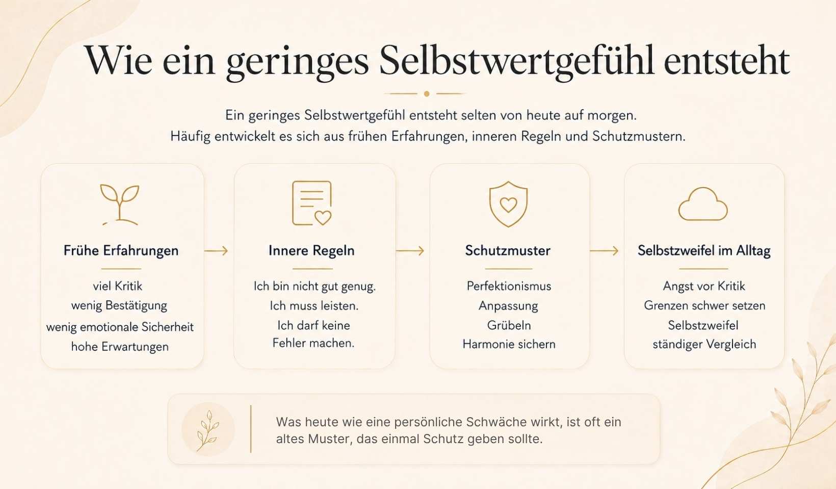 wie-geringes-selbstwertgefuehl-entsteht Infografik: Wie ein geringes Selbstwertgefühl entsteht – von frühen Erfahrungen über innere Regeln und Schutzmuster bis zu Selbstzweifeln im Alltag
