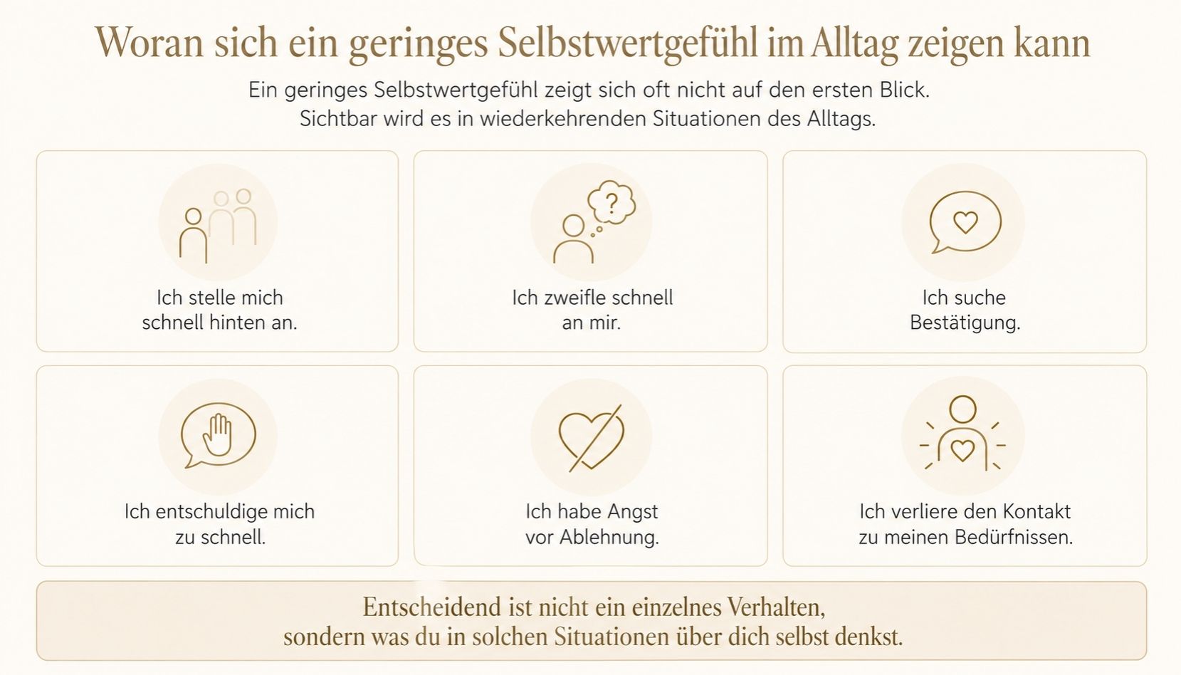 alltagszeichen-geringes-selbstwertgefuehl Infografik zu Anzeichen von geringem Selbstwertgefühl im Alltag mit sechs typischen Situationen wie Selbstzweifel, Bestätigung suchen und Angst vor Ablehnung.