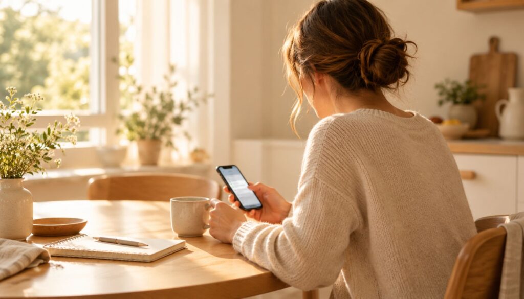 Frau sitzt mit Handy und Tasse an einem hellen Küchentisch